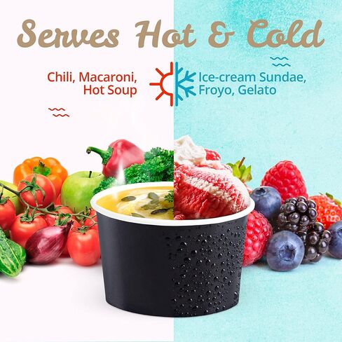 ماتيكان اكواب ورقية للايس كريم - اوعية حلوى للاستعمال مرة واحدة سعة 16 اونصة للاطعمة الساخنة او الباردة، مستلزمات الحفلات سعة 16 اونصة، اكواب حلوى للصنداي والزبادي المجمد والحساء، اسود in Kuwait