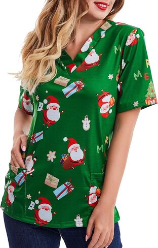 قميص SATINIOR النسائي Scrub Tops Mock Wrap Top Holiday Christmas Print Neck Shirt، Christmas Green in Saudi Arabia