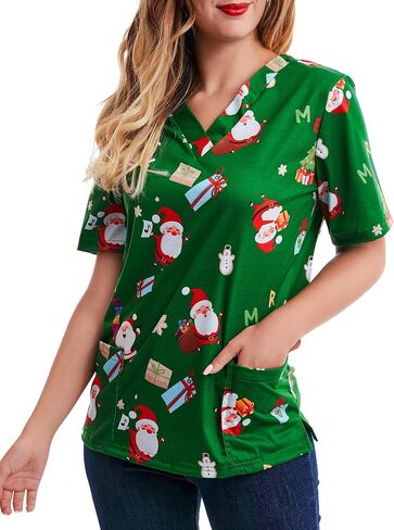 قميص SATINIOR النسائي Scrub Tops Mock Wrap Top Holiday Christmas Print Neck Shirt، Christmas Green in Saudi Arabia