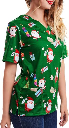 قميص SATINIOR النسائي Scrub Tops Mock Wrap Top Holiday Christmas Print Neck Shirt، Christmas Green in Saudi Arabia