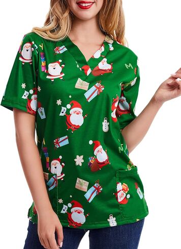 قميص SATINIOR النسائي Scrub Tops Mock Wrap Top Holiday Christmas Print Neck Shirt، Christmas Green in Saudi Arabia