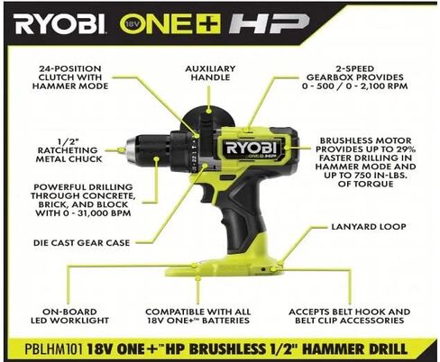 RYOBI ONE+ HP 18V Brushless Cordless 1/2 in. Hammer Drill Kit with (2) 2.0 Ah Batteries, Charger, and Bag (PBLHM101K2) in Saudi Arabia