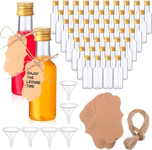Yinder 100 Pieces 1.7oz Mini Liquor Bottles Bulk Small Empty Plastic Alcohol Shot Bottles with Caps Funnels Kraft Tags Ropes for Christmas Party Favors Weddings(Gold Caps) in Saudi Arabia