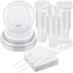 ADXCO 350 Pieces Red and Green Party Supplies Disposable Dinnerware Set Including Plastic Plates Cups Knives Forks Spoons Paper Napkins Serve 50 Guests for Birthday Wedding Graduation Parties