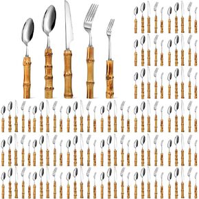 EBOOT 20 Pieces Bamboo Silverware Set 18/8 Stainless Steel Tableware Set Natural Utensil Flatware Kit Spoon Fork Knives Bamboo Handle Cutlery for Kitchen Wedding Home Restaurant Party (Silver) in Saudi Arabia