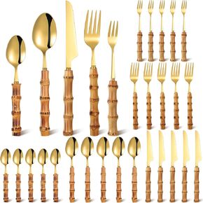Bamboo Silverware Set 18/8 Stainless Steel Tableware Set Natural Bamboo Utensil Flatware Set Spoon Fork Knives Bamboo Handle Cutlery Set for Kitchen Wedding Home Restaurant Party (Gold, 30 Pieces)