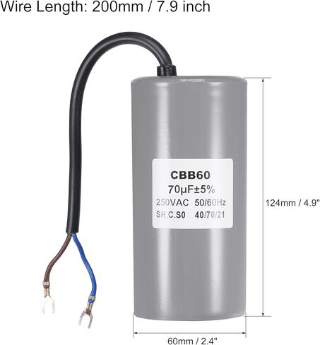 MECCANIXITY CBB60 مكثف تشغيل 70 فائق التوهج 250 فولت تيار متردد 2 أسلاك 50/60 هرتز محرك أسطواني تشغيل مكثف 124 × 60 مم مع محطة لمضخة مياه ضاغط الهواء in Kuwait