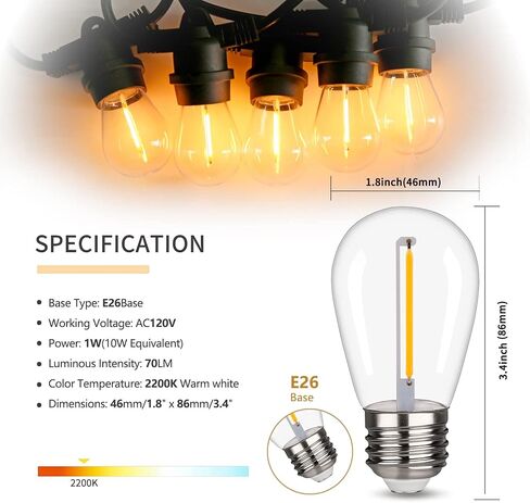 S14 Replacement LED Light Bulbs, Shatterproof & Waterproof 2W S14 LED Bulbs, Outdoor String Lights , E26 Base Patio Edison LED Light Bulbs, Warm White 2200K Plastic 150ML Non-Dimmable 15 Pack in Saudi Arabia