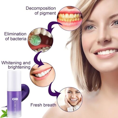 قطعتان من معجون الأسنان الأرجواني لتبييض الأسنان، تبييض معجون الأسنان الأرجواني، معجون أسنان مصحح اللون، إزالة بقع الأسنان، تقليل الاصفرار، مصحح لون الأسنان (30 مل) in Kuwait