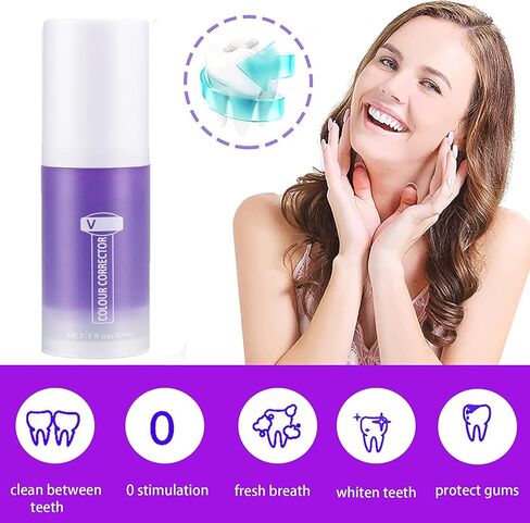 قطعتان من معجون الأسنان الأرجواني لتبييض الأسنان، تبييض معجون الأسنان الأرجواني، معجون أسنان مصحح اللون، إزالة بقع الأسنان، تقليل الاصفرار، مصحح لون الأسنان (30 مل) in Kuwait