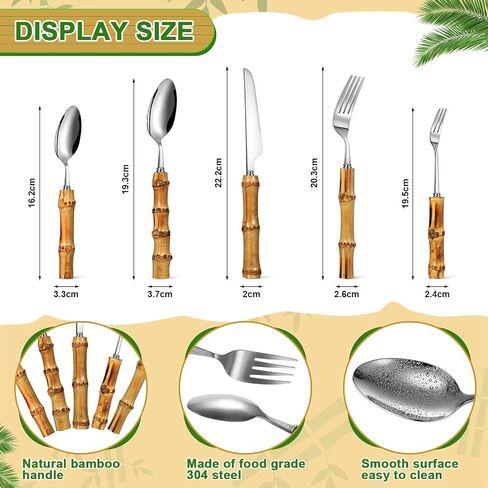 EBOOT 20 Pieces Bamboo Silverware Set 18/8 Stainless Steel Tableware Set Natural Utensil Flatware Kit Spoon Fork Knives Bamboo Handle Cutlery for Kitchen Wedding Home Restaurant Party (Silver) in Saudi Arabia