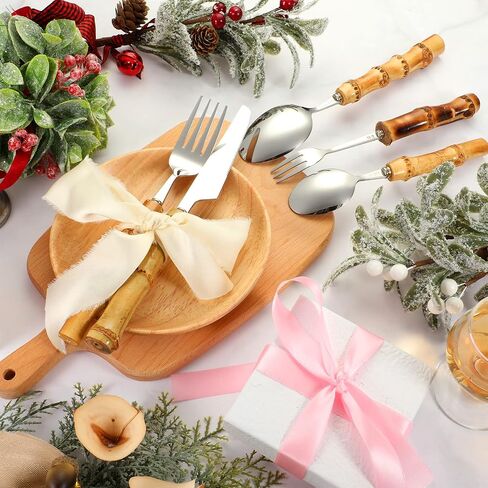 EBOOT 20 Pieces Bamboo Silverware Set 18/8 Stainless Steel Tableware Set Natural Utensil Flatware Kit Spoon Fork Knives Bamboo Handle Cutlery for Kitchen Wedding Home Restaurant Party (Silver) in Saudi Arabia