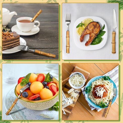 EBOOT 20 Pieces Bamboo Silverware Set 18/8 Stainless Steel Tableware Set Natural Utensil Flatware Kit Spoon Fork Knives Bamboo Handle Cutlery for Kitchen Wedding Home Restaurant Party (Silver) in Saudi Arabia
