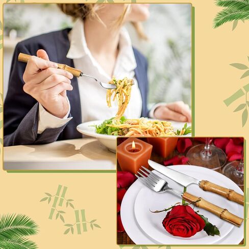 EBOOT 20 Pieces Bamboo Silverware Set 18/8 Stainless Steel Tableware Set Natural Utensil Flatware Kit Spoon Fork Knives Bamboo Handle Cutlery for Kitchen Wedding Home Restaurant Party (Silver) in Saudi Arabia