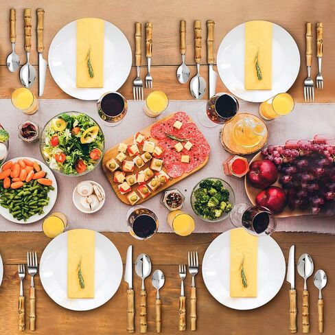 EBOOT 20 Pieces Bamboo Silverware Set 18/8 Stainless Steel Tableware Set Natural Utensil Flatware Kit Spoon Fork Knives Bamboo Handle Cutlery for Kitchen Wedding Home Restaurant Party (Silver) in Saudi Arabia