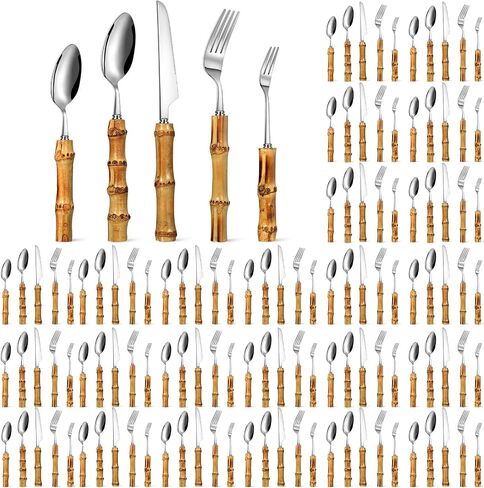 EBOOT 20 Pieces Bamboo Silverware Set 18/8 Stainless Steel Tableware Set Natural Utensil Flatware Kit Spoon Fork Knives Bamboo Handle Cutlery for Kitchen Wedding Home Restaurant Party (Silver) in Saudi Arabia