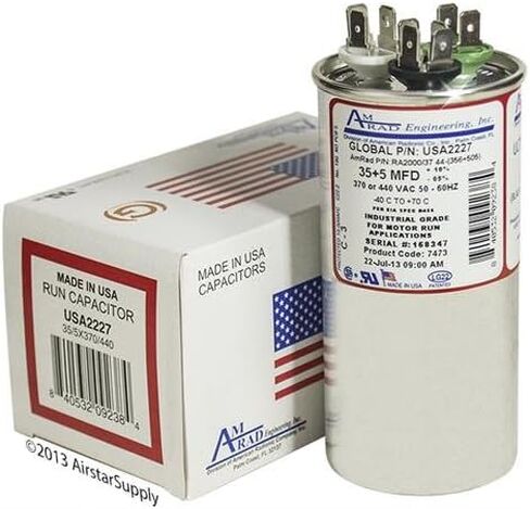 Amana RA2000/37(356+505) - 35 + 5 uf MFD 370 / 440 Volt VAC AmRad Round Dual Run Capacitor , Made in the U.S.A. in Saudi Arabia