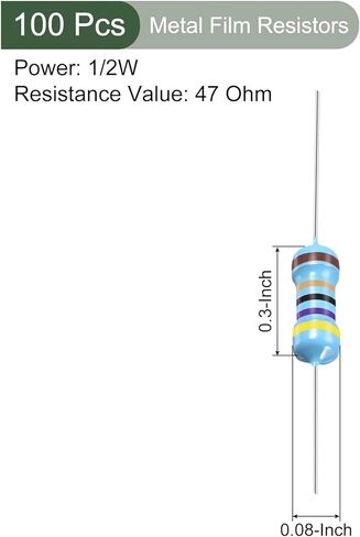 100 قطعة من مقاومات الأفلام المعدنية من YOKIVE، مقاومة 47 أوم مع تسامح 1/2 وات 1%، الرصاص، جيدة للمشروعات الإلكترونية التي تصنعها بنفسك (5 أشرطة ألوان، 8.5 مم ± 0.5 مم) in Kuwait