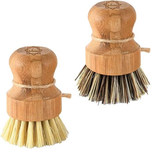 Dish Scrub Brush Bamboo - S&C Kitchen, Cleans Pan/Vegetable/Dishes/Wok, Bamboo Scrub Brush for Kitchen/Bathroom, Made Out of Palm & Sisal Bristles with a Handle, Vegetable Brush for Cleaning, Set of 2 in Saudi Arabia