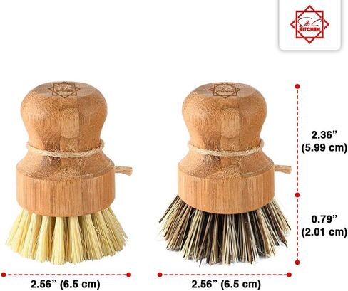 Dish Scrub Brush Bamboo - S&C Kitchen, Cleans Pan/Vegetable/Dishes/Wok, Bamboo Scrub Brush for Kitchen/Bathroom, Made Out of Palm & Sisal Bristles with a Handle, Vegetable Brush for Cleaning, Set of 2 in Saudi Arabia