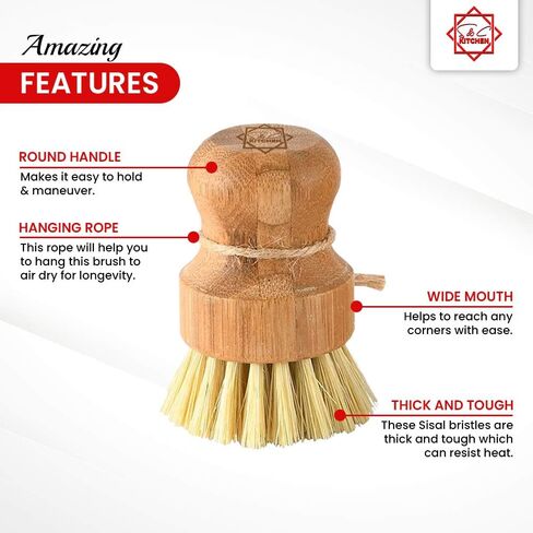 Dish Scrub Brush Bamboo - S&C Kitchen, Cleans Pan/Vegetable/Dishes/Wok, Bamboo Scrub Brush for Kitchen/Bathroom, Made Out of Palm & Sisal Bristles with a Handle, Vegetable Brush for Cleaning, Set of 2 in Saudi Arabia