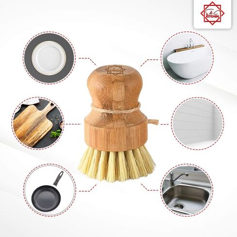 Dish Scrub Brush Bamboo - S&C Kitchen, Cleans Pan/Vegetable/Dishes/Wok, Bamboo Scrub Brush for Kitchen/Bathroom, Made Out of Palm & Sisal Bristles with a Handle, Vegetable Brush for Cleaning, Set of 2 in Saudi Arabia