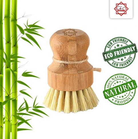 Dish Scrub Brush Bamboo - S&C Kitchen, Cleans Pan/Vegetable/Dishes/Wok, Bamboo Scrub Brush for Kitchen/Bathroom, Made Out of Palm & Sisal Bristles with a Handle, Vegetable Brush for Cleaning, Set of 2 in Saudi Arabia