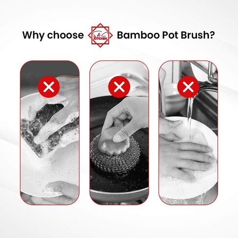 Dish Scrub Brush Bamboo - S&C Kitchen, Cleans Pan/Vegetable/Dishes/Wok, Bamboo Scrub Brush for Kitchen/Bathroom, Made Out of Palm & Sisal Bristles with a Handle, Vegetable Brush for Cleaning, Set of 2 in Saudi Arabia