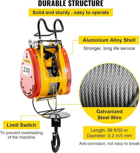 رافعة سلسلة كهربائية موفورن بسعة 230 كجم ونش كهربائي 507 رطل بطول 98 قدمًا / 30 مترًا حبل سلك فولاذي للتحكم عن بعد رافعة كهربائية علوية مع نظام بكرة 110 فولت مرحلة واحدة in Kuwait