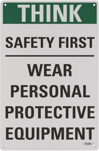 السلامة الصفراء: حافظ على سلامتك من خلال لافتة Think Safety First المتوافقة مع OSHA - 15 بوصة × 10 بوصة، 1 مم من الألومنيوم، تحذير من معدات الحماية الشخصية الأساسية في مكان العمل in Kuwait