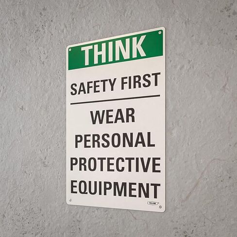 السلامة الصفراء: حافظ على سلامتك من خلال لافتة Think Safety First المتوافقة مع OSHA - 15 بوصة × 10 بوصة، 1 مم من الألومنيوم، تحذير من معدات الحماية الشخصية الأساسية في مكان العمل in Kuwait