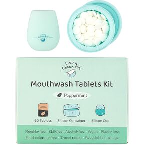 Lazy Coconuts Mouthwash Tablets Kit - with Silicon Cup and Travel Container - Effervescent with Peppermint and Baking Soda - Fluoride Free, Alcohol-Free, Vegan, Solid Mouthwash - Great Kids Mouthwash in Saudi Arabia