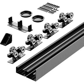 SMARTSMITH 5FT مجموعة أدوات الباب الالتفافية، مع 2 إصبع Pul، لخزانة الملابس، غرفة التخزين، مجموعة أدوات باب الخزانة، محامل كروية 3 بكرات، نظام بابين من الألومنيوم باللون الأسود in Kuwait