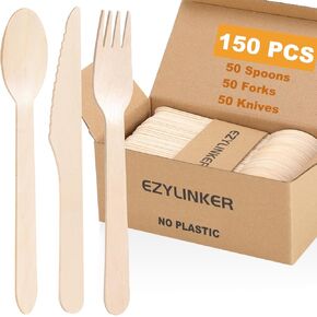 (100 Count) Disposable Wooden Cutlery Set - Alternative to Plastic, Eco Friendly, Biodegradable, Compostable Cutlery Set - 100 Wooden Forks Disposable Utensils Set