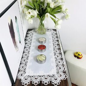 BrekSdat مستطيل الجدول عداء الدانتيل المطرز الأبيض 16 × 35 بوصة الزفاف طاولة الطعام مضمد وشاح مع قرنفل الدانتيل النسيج قابل للغسل لنهاية القهوة المطبخ