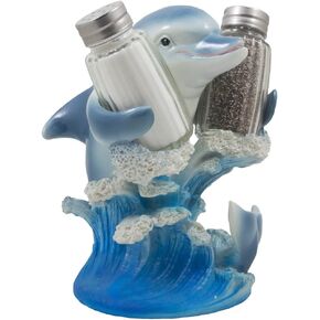 Dolphin Riding Ocean Wave Salt and Pepper Shaker Set with Figurine Holder in Decorative Tropical Kitchen Decor Spice Racks & Porpoise Display Stands or Beach Bar As Gifts for Dolphin Lovers in Saudi Arabia