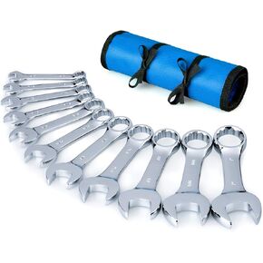 Premium Stubby Combination Wrench Set with Roll-up Pouch, 12-Piece, Metric, 8mm to 19mm, No Skipped Size | Cr-V Steel, Mirror Polished Finish | Short Length and Slim Body, Perfect for Confined Areas