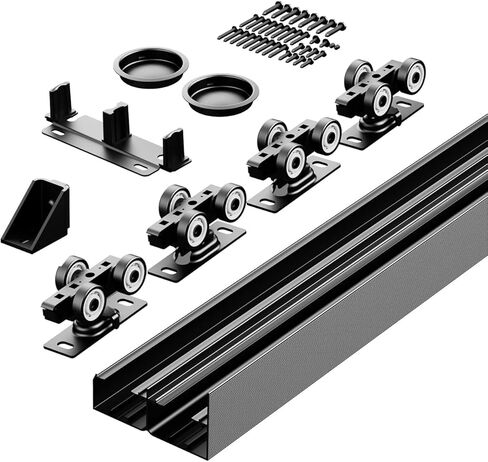 SMARTSMITH 5FT مجموعة أدوات الباب الالتفافية، مع 2 إصبع Pul، لخزانة الملابس، غرفة التخزين، مجموعة أدوات باب الخزانة، محامل كروية 3 بكرات، نظام بابين من الألومنيوم باللون الأسود in Kuwait