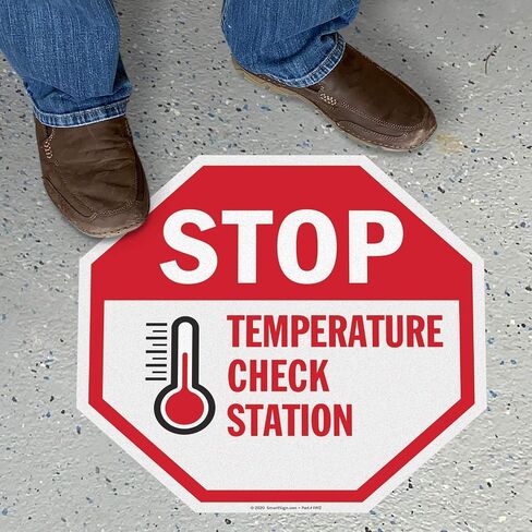 SmartSign "Stop - محطة فحص درجة الحرارة" لافتة أرضية مثمنة لاصقة مضادة للانزلاق | 17 بوصة × 17 بوصة in Saudi Arabia