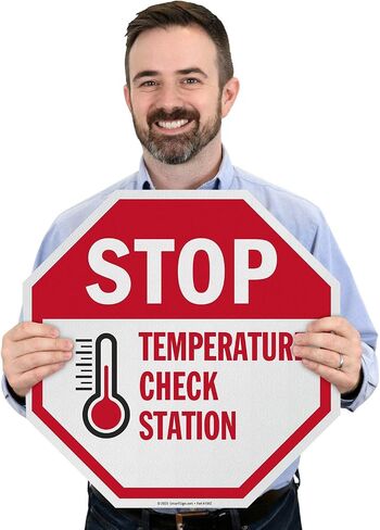 SmartSign "Stop - محطة فحص درجة الحرارة" لافتة أرضية مثمنة لاصقة مضادة للانزلاق | 17 بوصة × 17 بوصة in Saudi Arabia