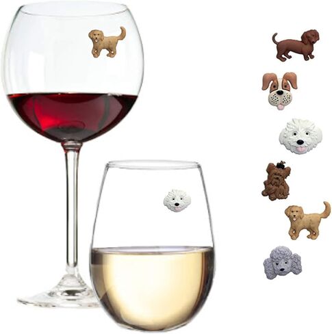 Simply Charmed Dog Wine Charms or Magnetic Glass Markers for Stemless Glasses - Great Birthday or Hostess Gift for Dog Lovers - Set of 6 Cute Puppy Glass Identifiers in Saudi Arabia