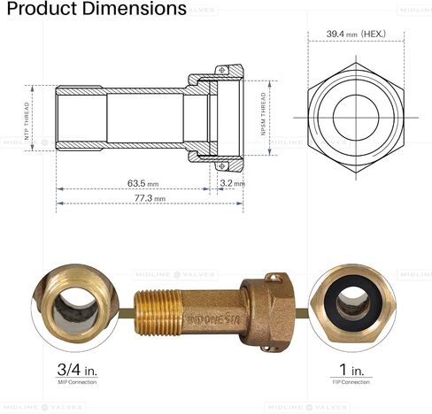 Midline Valve XND1011-OM Brass Water Meter Coupling Adapter Pipe Fitting with Nut and Gasket 1-1/4, 1" MIP x 1-1/4" FIP in Saudi Arabia