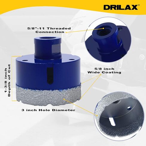 3 بوصة الماس الأساسية ثقب ثقب ثقب المنشار الخرسانة الرخام الجرانيت الكوارتز بورسلين كونترتوب بلاط السيراميك الطوب البراز مع 5/8 بوصة-11 خيط in Kuwait