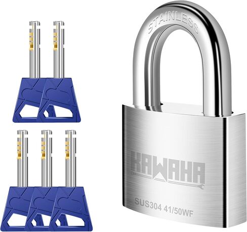 KAWAHA 41/50KD-5K 2 بوصة (50 مم) قفل عالي الأمان من الفولاذ المقاوم للصدأ مع مفتاح للاستخدام الداخلي والخارجي (فولاذ مقاوم للصدأ SUS304، شديد التحمل، مضاد للصدأ) (50 مم، 5 مفاتيح) in Kuwait