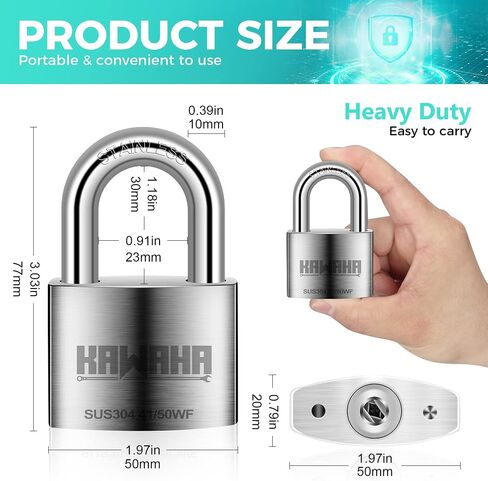 KAWAHA 41/50KD-5K 2 بوصة (50 مم) قفل عالي الأمان من الفولاذ المقاوم للصدأ مع مفتاح للاستخدام الداخلي والخارجي (فولاذ مقاوم للصدأ SUS304، شديد التحمل، مضاد للصدأ) (50 مم، 5 مفاتيح) in Kuwait