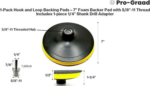 Pro-Graad 7" Hook and Loop Backing Plate for Sanding, Polishing Buffering Pads, Backer Pad with 5/8"-11 (5/8 inch TPI), 7 inch Backup Pad for Angle Grinder Drill Polisher Buffer – with Drill Adapter in Kuwait