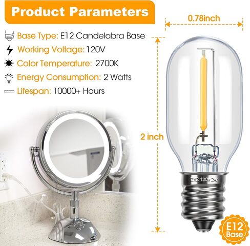 Meonum 2 Pcs Replacement LED Bulbs Compatible with Conair Makeup Mirror, E12 Candelabra Base T20 Light Bulbs, 2W 120V Replacement Bulbs Compatible with Conair Lighted Makeup Mirror (Clear) in Saudi Arabia