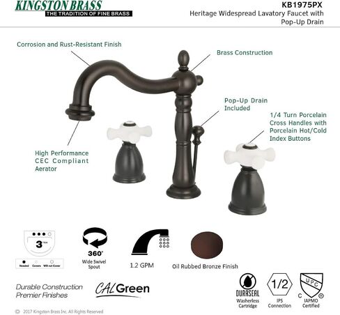 Kingston Brass kb197 PX Heritage انتشار حوض صنبور بمقبض صليبي من البورسلين in Kuwait