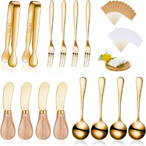 Cheese Butter Spreader Knives Set Charcuterie Accessories Stainless Steel Spreader Knives with Wooden Handles Charcuterie Boards Utensils Mini Serving Tongs Spoons and Forks