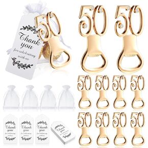 50 Pieces Golden Bottle Opener Set Birthday Party Favor Opener with White Sheer Organza Bags Thank You Tags Birthday Wedding Anniversaries Souvenirs Favors Decorations for Guests(50th)